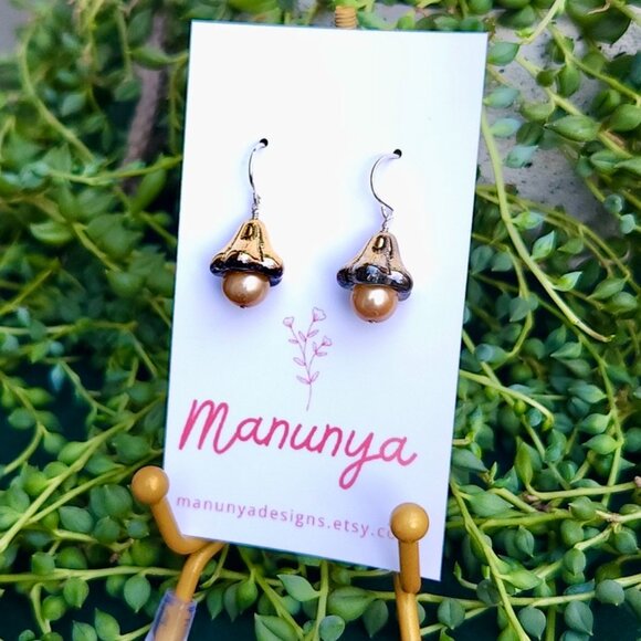 Pearl Petal Earrings - Champagne Pearl & Fluted Glass Flower | Sterling Silver - Picture 3 of 5